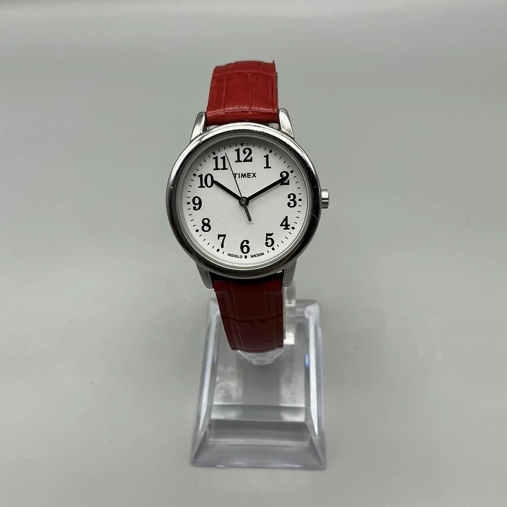 Timex Indiglo WR30M Womens Watch 30mm White Dial Red Leather New Battery